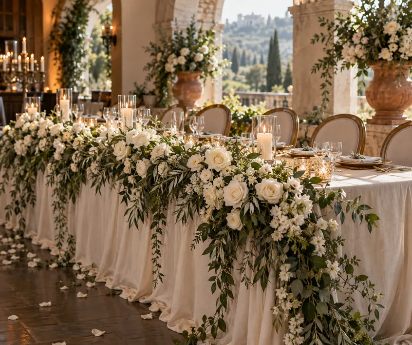 Wedding head table with a cascade of white roses