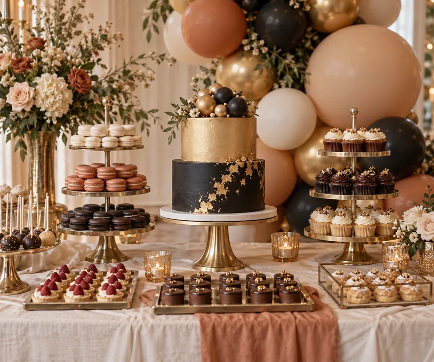 Fortieth birthday dessert bar with a gold and black cake