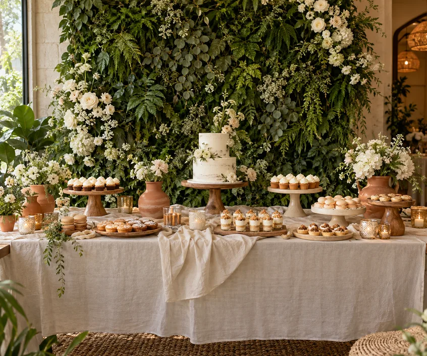 Greenery wall with white florals behind a shower dessert table