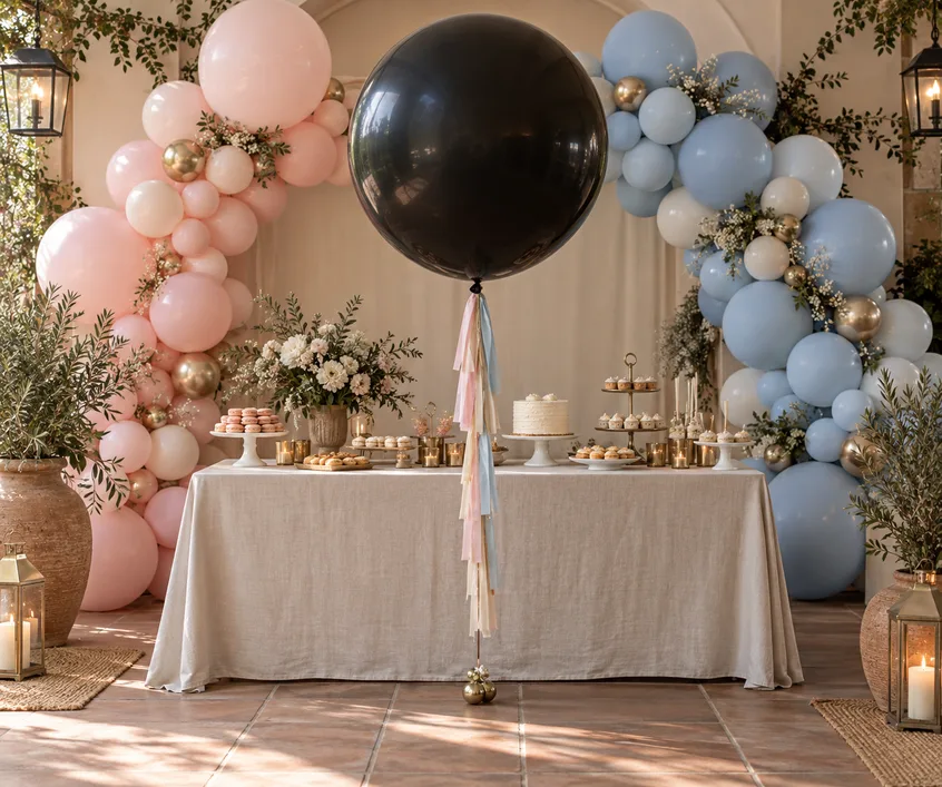 Gender reveal setup with pink and blue balloons