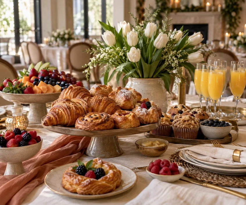 Bridal shower brunch table with pastries and tulips