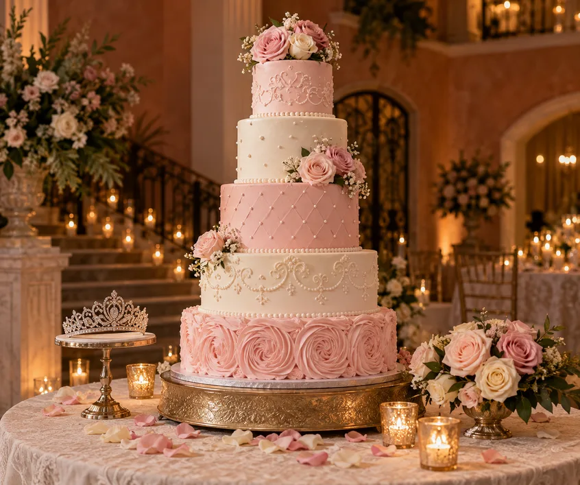 Quinceanera cake table with a five-tier cake and roses