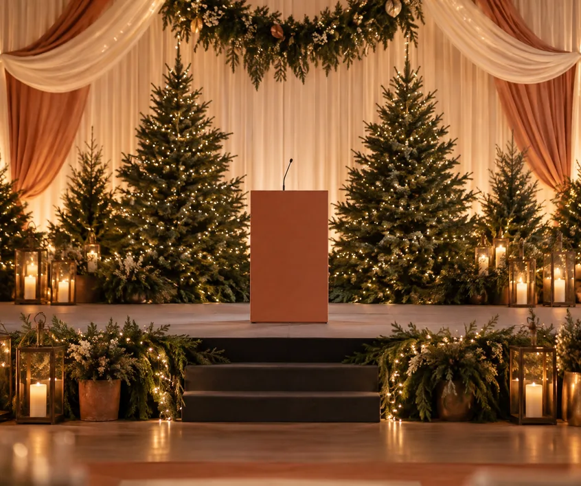 Holiday gala stage with evergreen trees and warm lights
