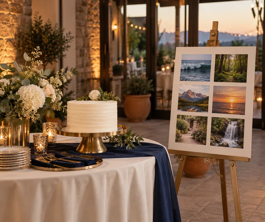Retirement party table with navy and gold accents