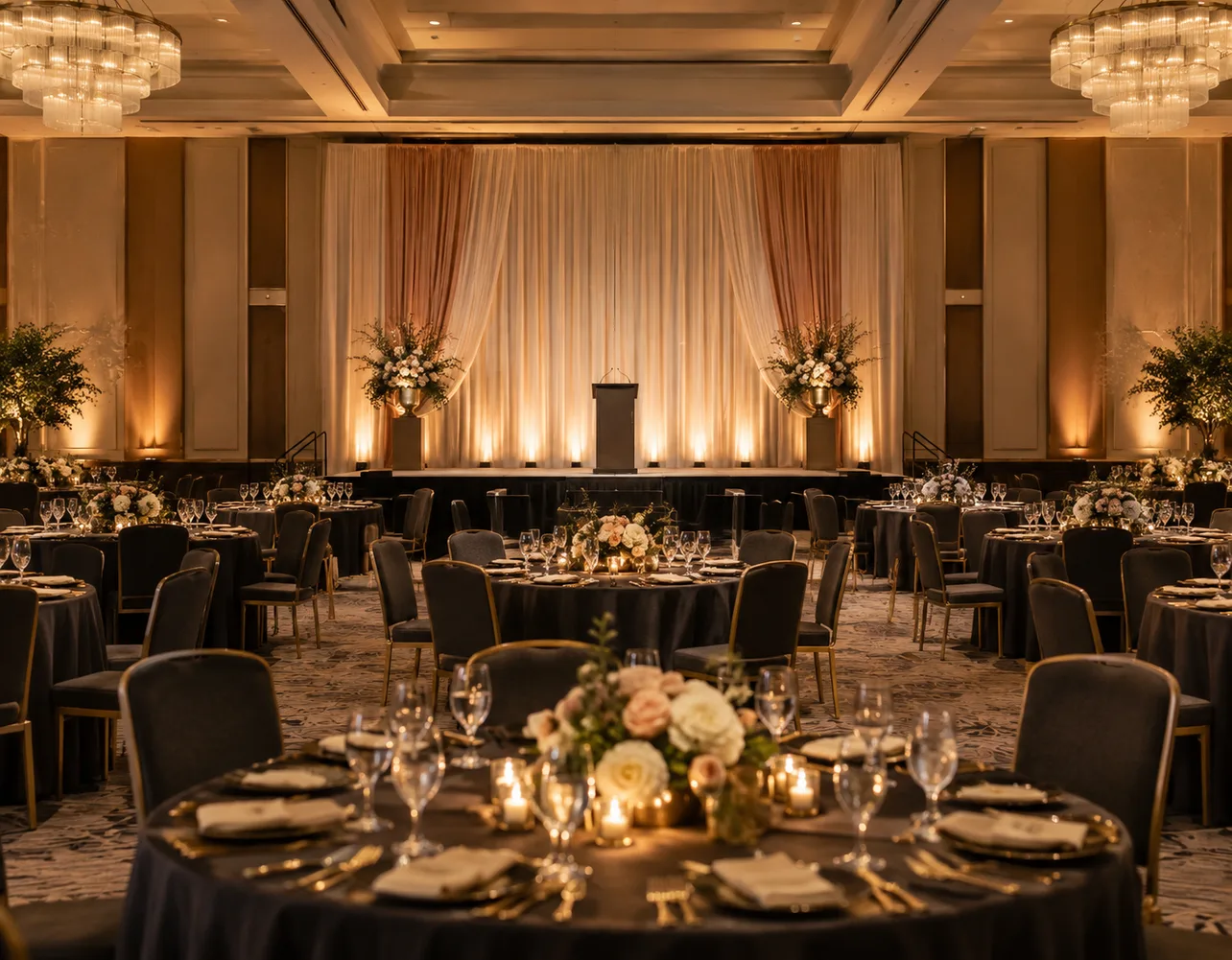 Corporate gala room with a draped stage and gold-accented tables
