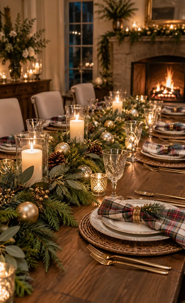 Holiday party table with evergreen garland and candles