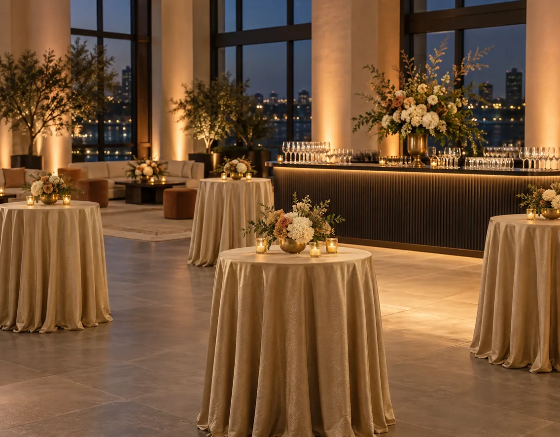 Corporate event cocktail area with gold linens and uplighting