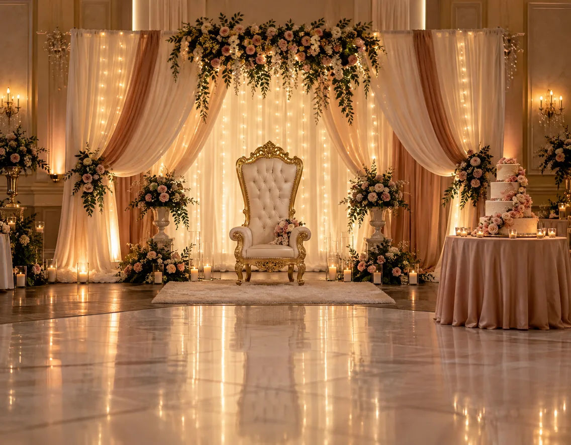Quinceanera backdrop with a gold chair, roses and fairy lights