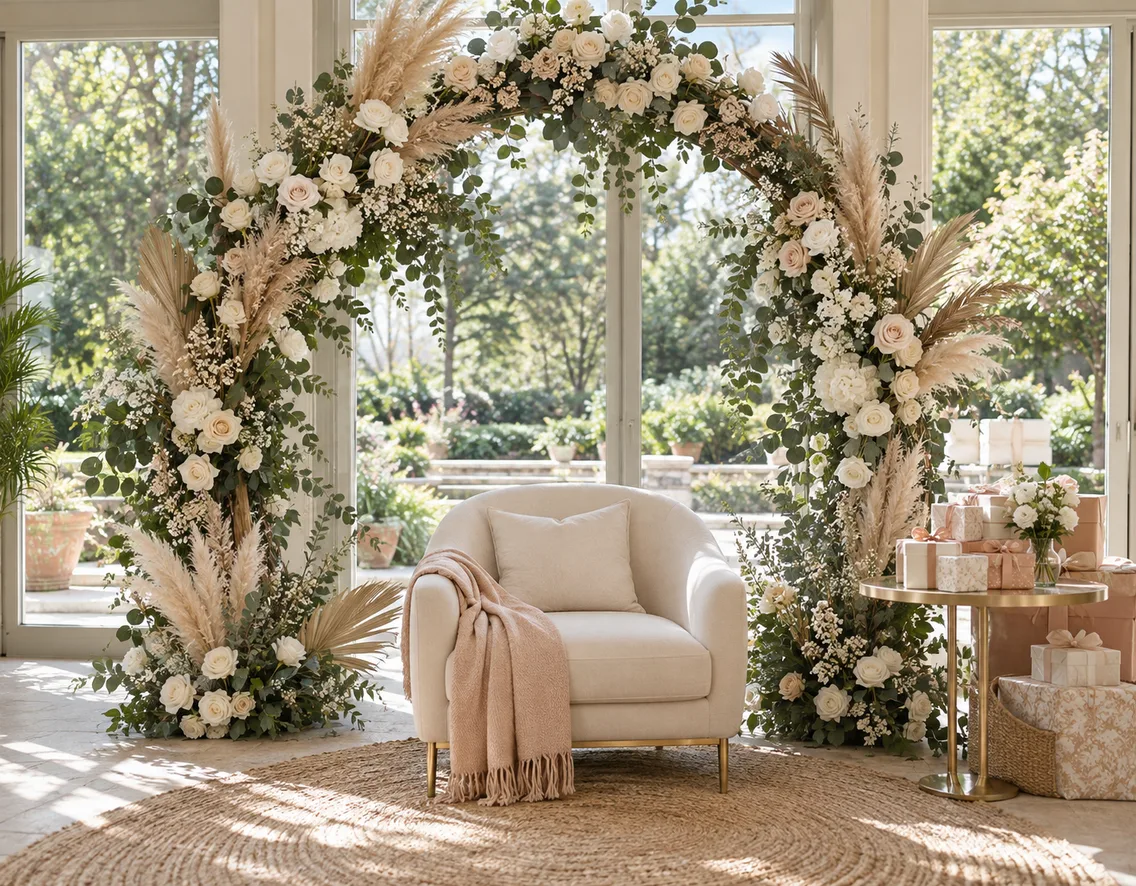 Floral arch framing a cream chair for a baby shower